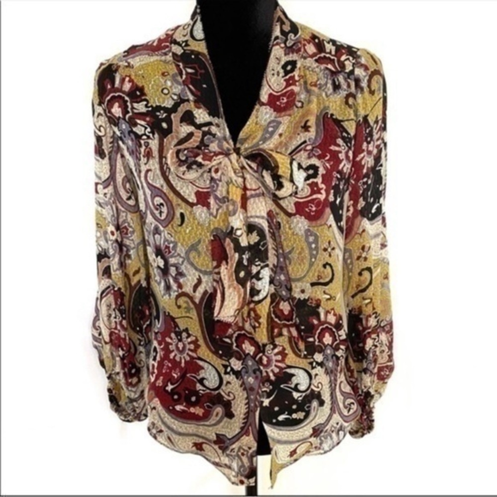 Diane Von Furstenburg Silk Multicolored Floral Paisley Tie Blouse Sz 0